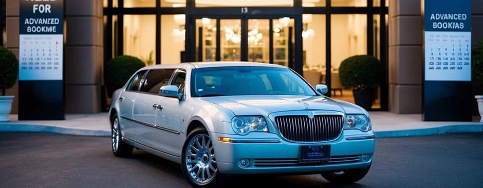 A limousine parked outside a luxurious venue, surrounded by a calendar and clock, indicating the need for advanced booking