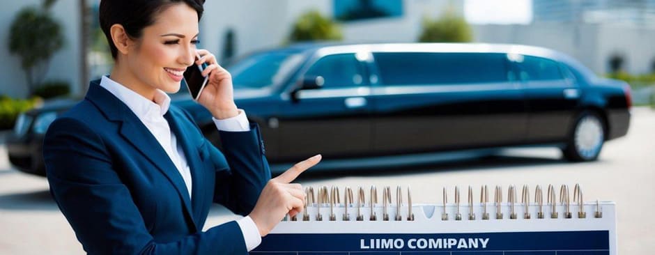 A person standing in front of a calendar, pointing to a date and talking on the phone with a limo company