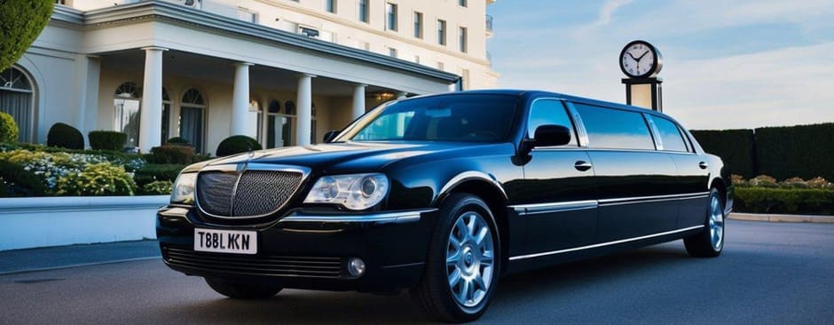 A sleek limousine parked outside a grand hotel, with a clock showing a time well in advance, surrounded by elegant landscaping and a clear blue sky