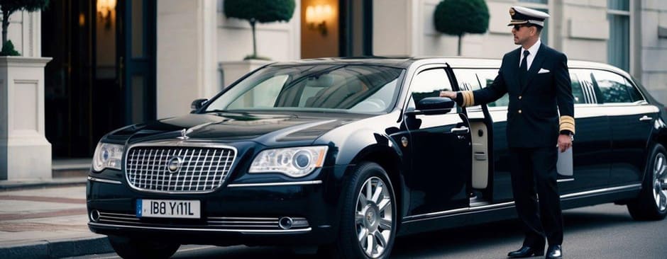 A sleek limousine parked outside a grand hotel, with a well-dressed chauffeur holding the door open for a passenger